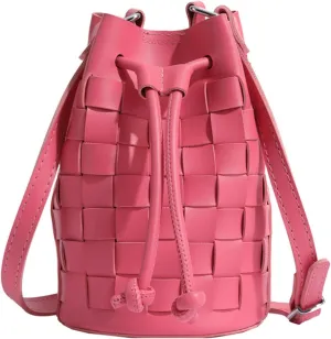 Mini Leather Woven Bucket Bag - Drawstring Purse Hobo Crossbody Handbag