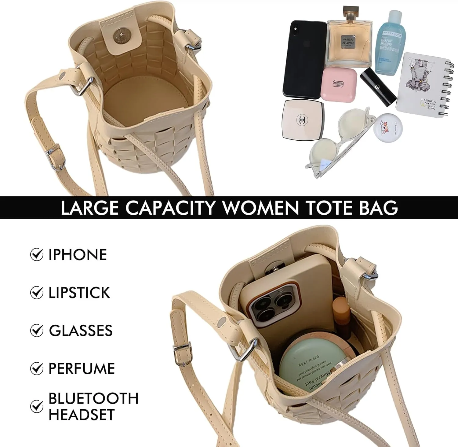 Mini Leather Woven Bucket Bag - Drawstring Purse Hobo Crossbody Handbag
