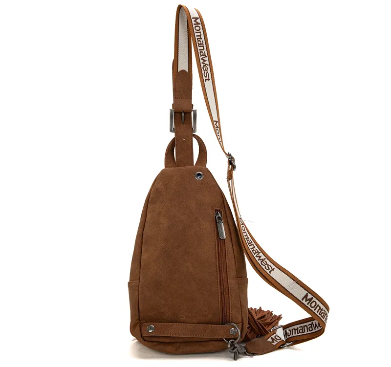 Montana West Tooled Fringe Sling Bag -Brown