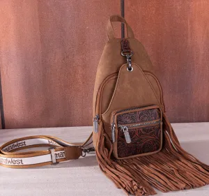 Montana West Tooled Fringe Sling Bag -Brown