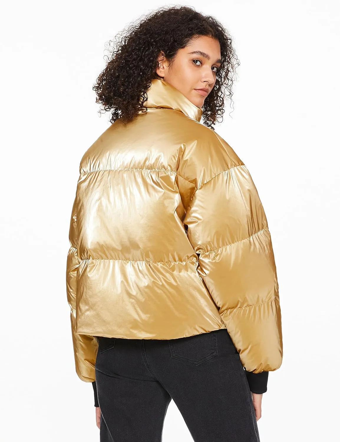 Orolay Shiny Cropped Winter Puffer Jacket for Women Metallic Quilted Down Coat Zip Up