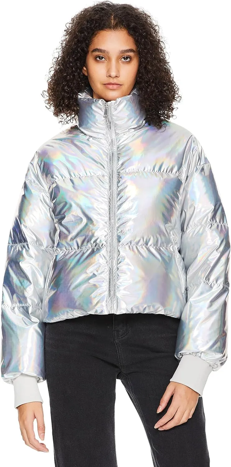 Orolay Shiny Cropped Winter Puffer Jacket for Women Metallic Quilted Down Coat Zip Up