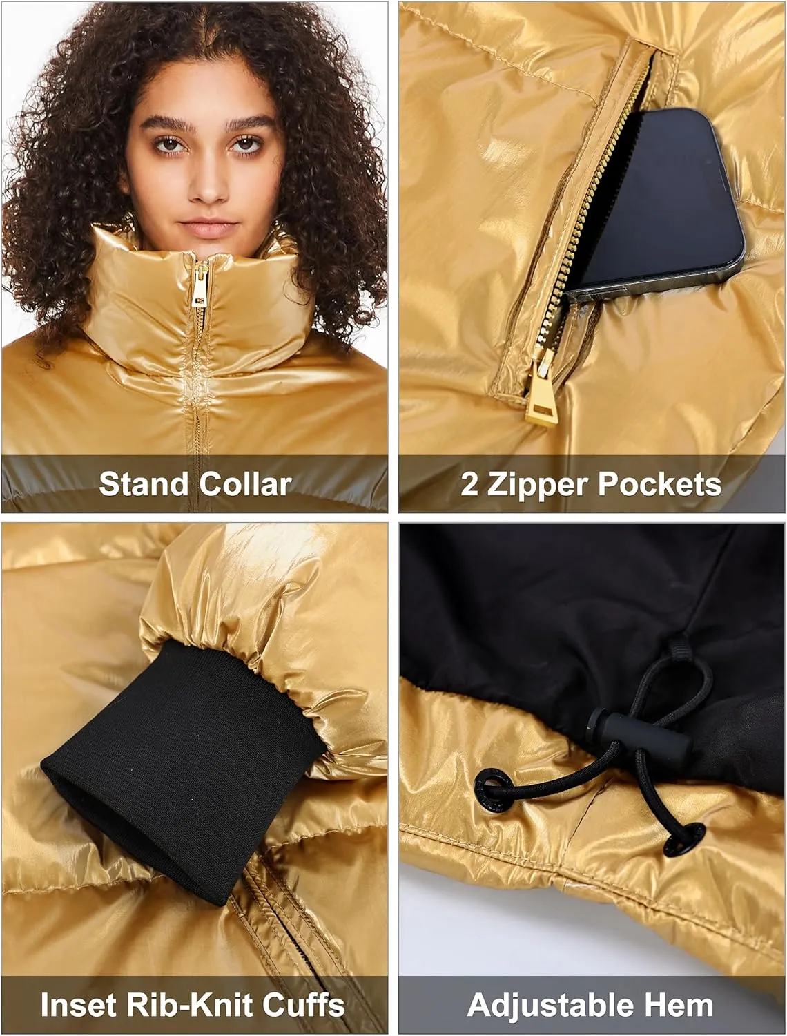 Orolay Shiny Cropped Winter Puffer Jacket for Women Metallic Quilted Down Coat Zip Up
