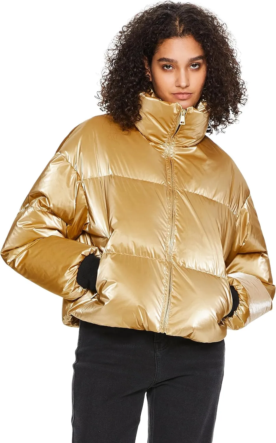 Orolay Shiny Cropped Winter Puffer Jacket for Women Metallic Quilted Down Coat Zip Up