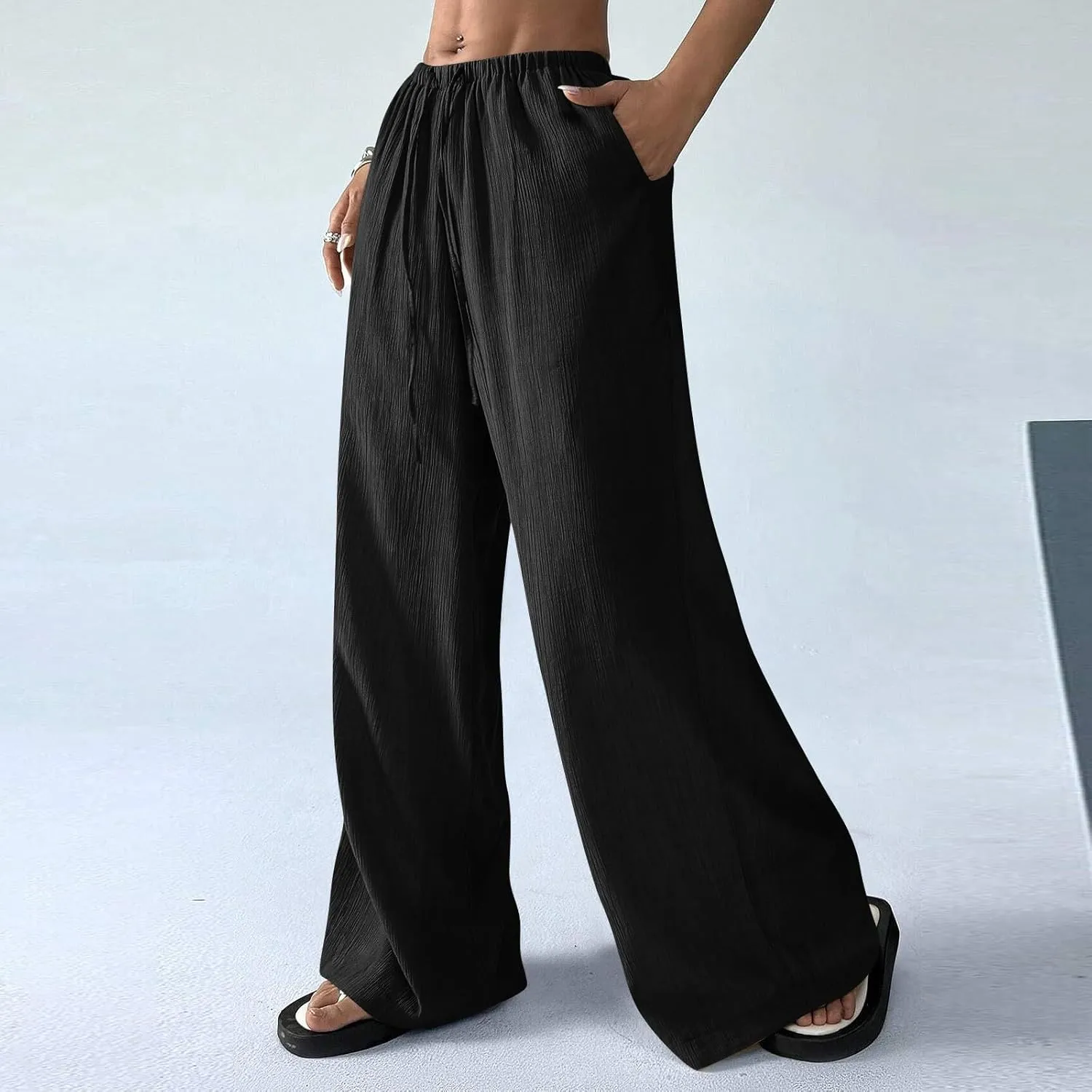Oversized Wide Leg Pants Woman Baggy Elastic High Waisted Linen Trousers Pants Summer Boho Flowy Pants with Pockets