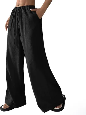 Oversized Wide Leg Pants Woman Baggy Elastic High Waisted Linen Trousers Pants Summer Boho Flowy Pants with Pockets