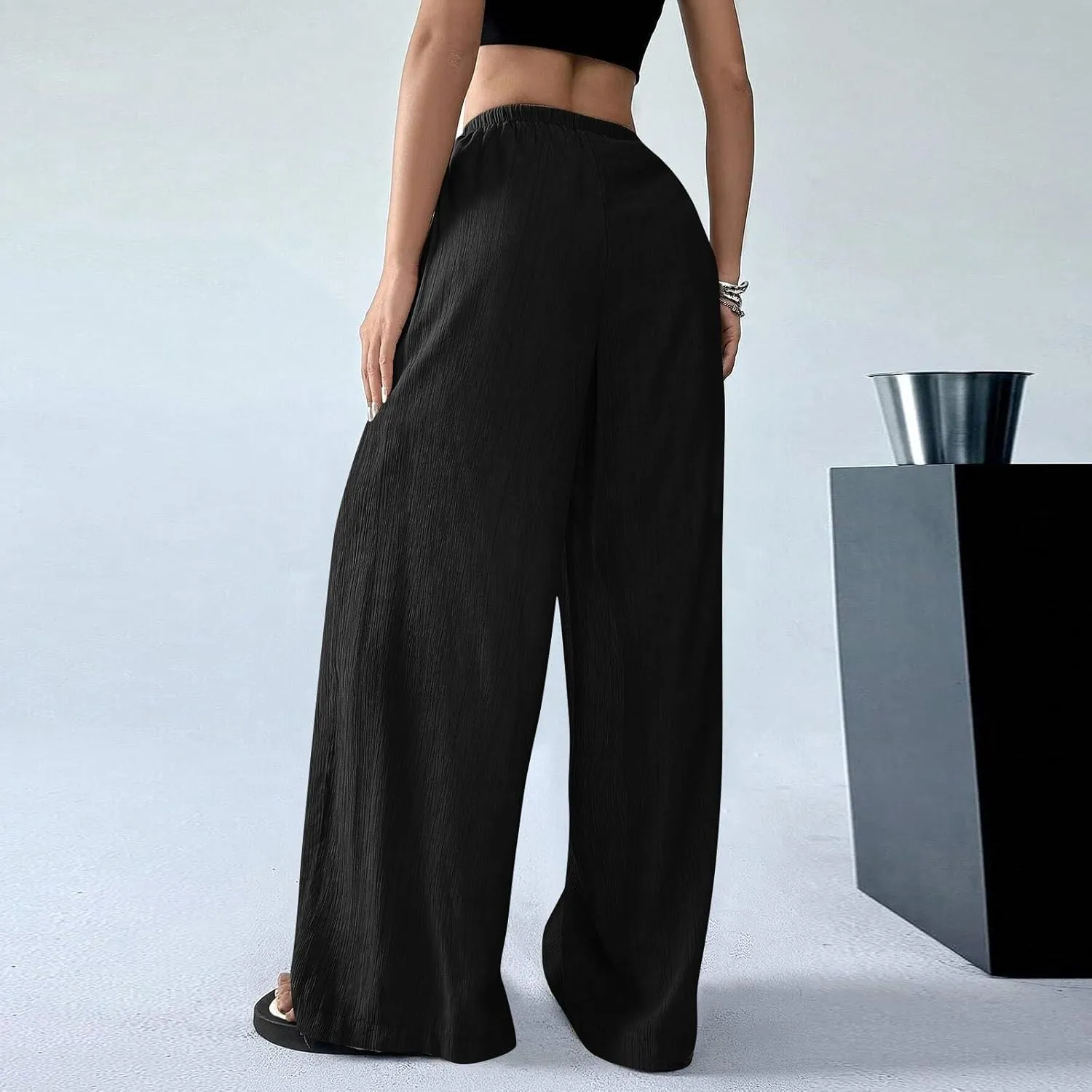 Oversized Wide Leg Pants Woman Baggy Elastic High Waisted Linen Trousers Pants Summer Boho Flowy Pants with Pockets