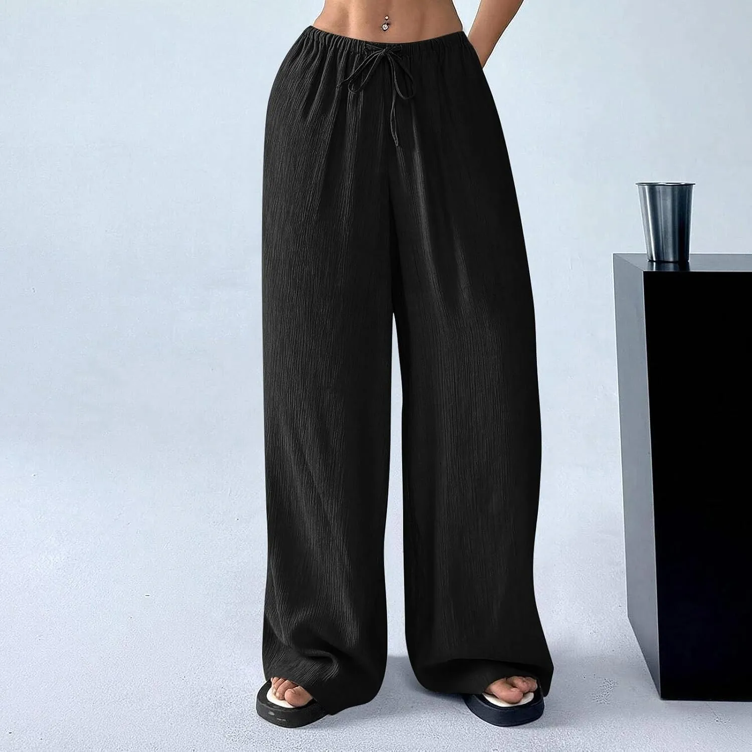 Oversized Wide Leg Pants Woman Baggy Elastic High Waisted Linen Trousers Pants Summer Boho Flowy Pants with Pockets