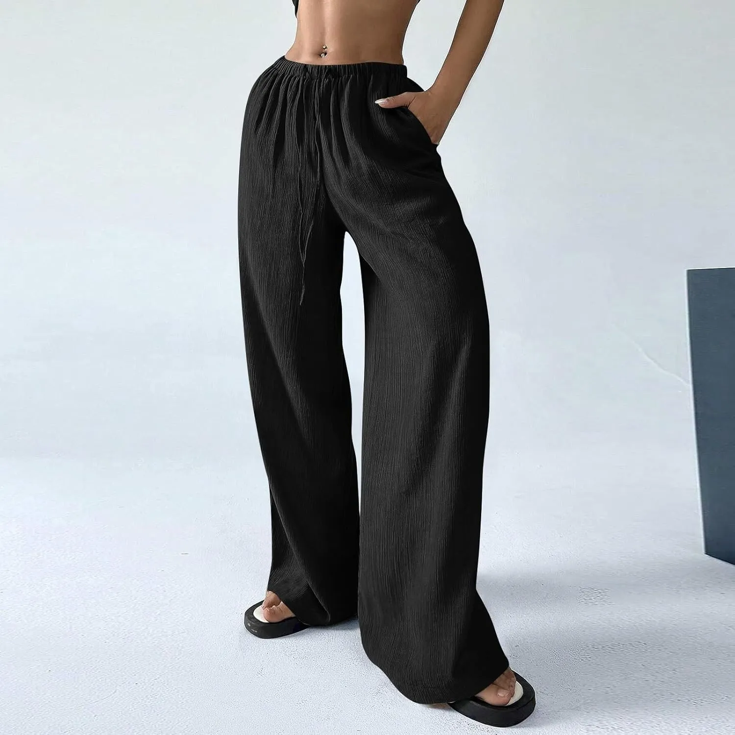 Oversized Wide Leg Pants Woman Baggy Elastic High Waisted Linen Trousers Pants Summer Boho Flowy Pants with Pockets
