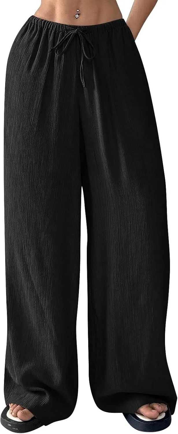 Oversized Wide Leg Pants Woman Baggy Elastic High Waisted Linen Trousers Pants Summer Boho Flowy Pants with Pockets