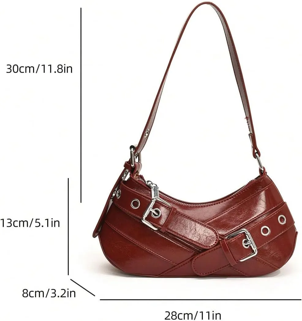OYOANGLE Women's Buckled Punk Shoulder Bags Zipper Top Handle Handbags Y2k Adjustable Strap Underarm Bags