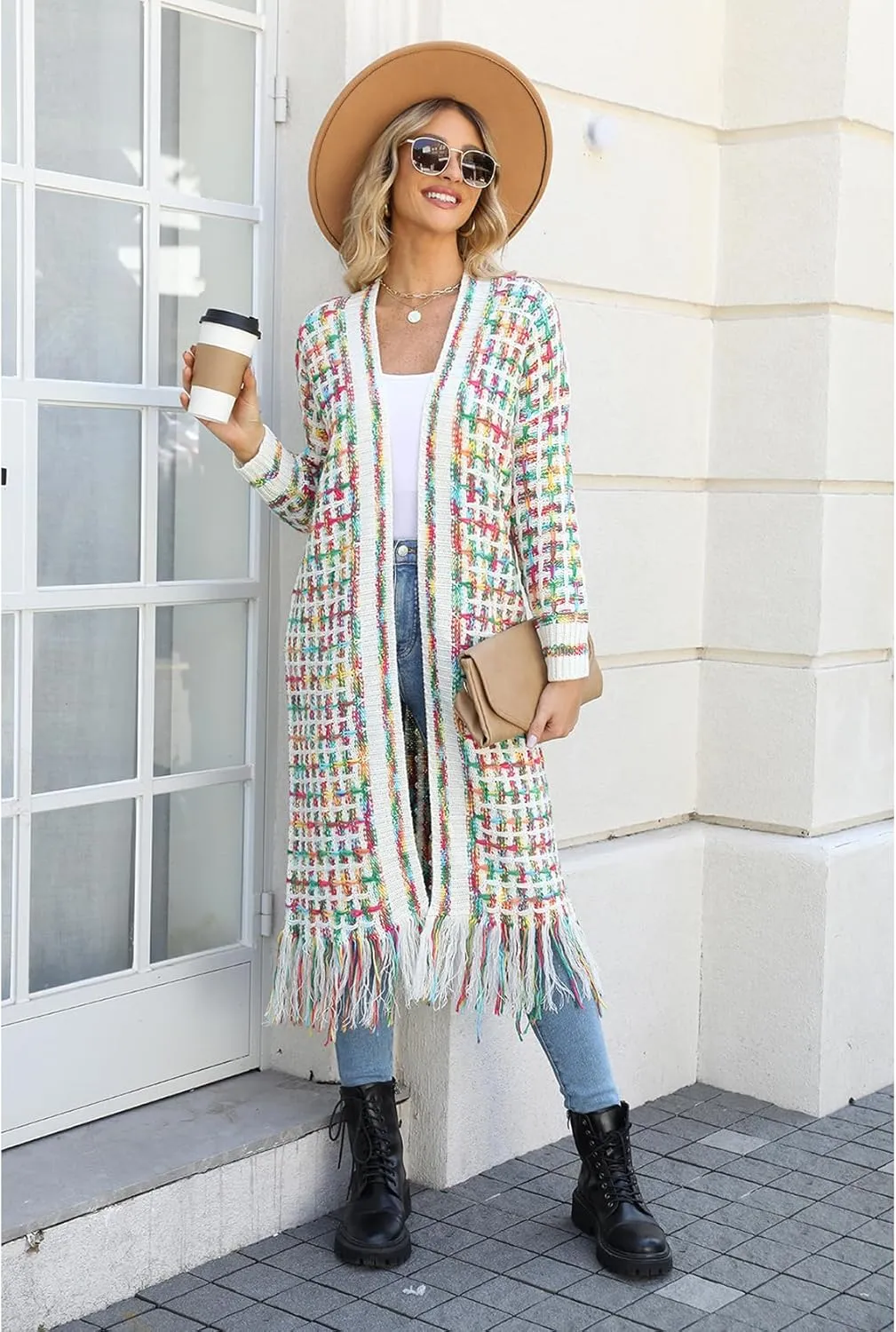 Perbai Womens Boho Cardigan Sweater Open Front Fringed Tassels Aztec Maxi Cardigan Jacket