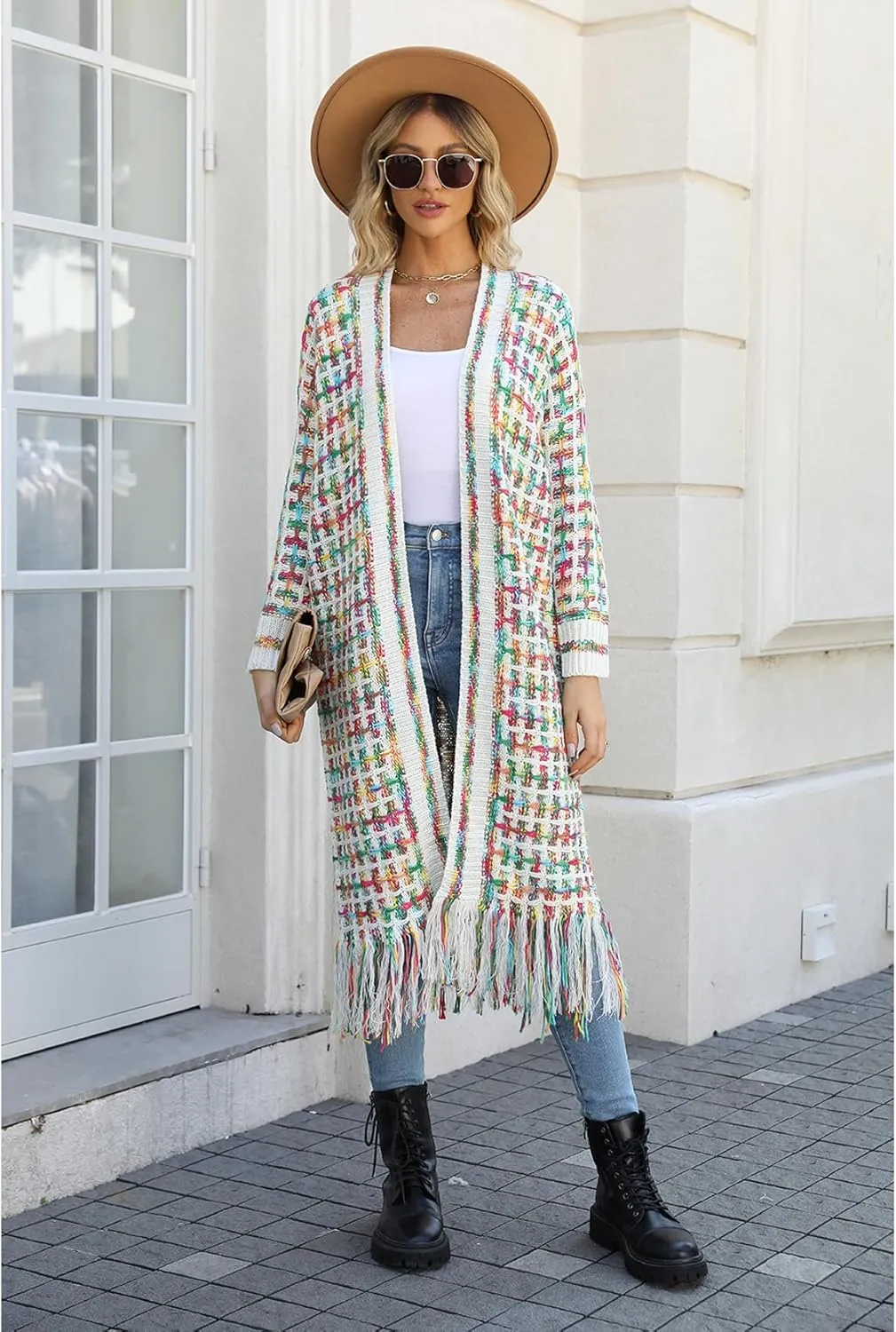 Perbai Womens Boho Cardigan Sweater Open Front Fringed Tassels Aztec Maxi Cardigan Jacket