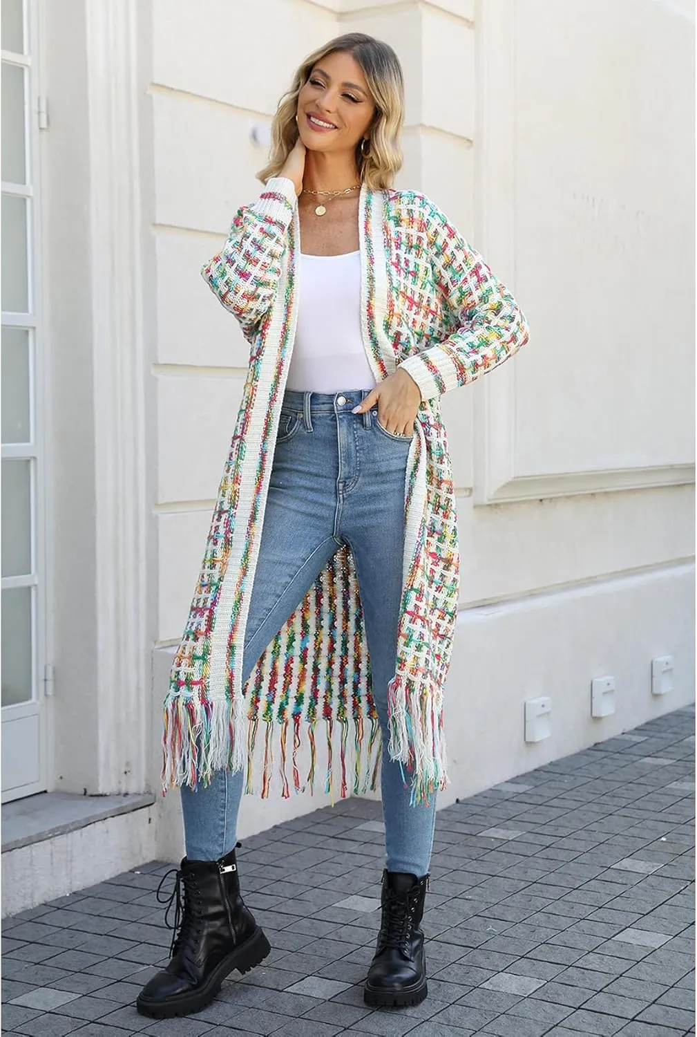 Perbai Womens Boho Cardigan Sweater Open Front Fringed Tassels Aztec Maxi Cardigan Jacket