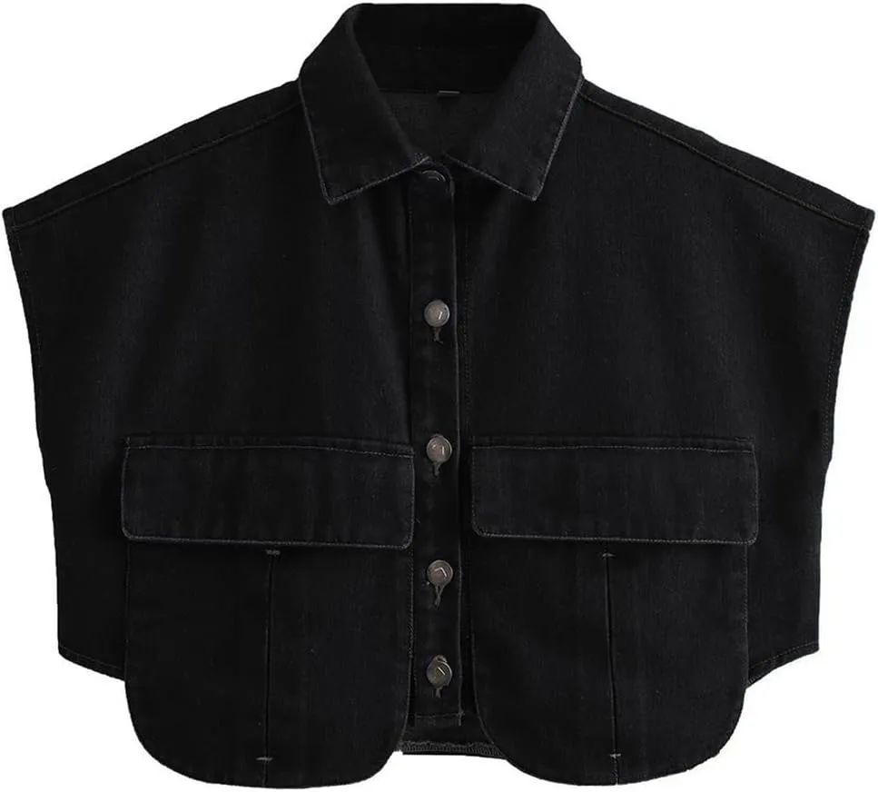 Perbai Womens Cropped Button Down Shirt Summer Collared Sleeveless Loose Denim Top with Pockets