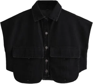 Perbai Womens Cropped Button Down Shirt Summer Collared Sleeveless Loose Denim Top with Pockets