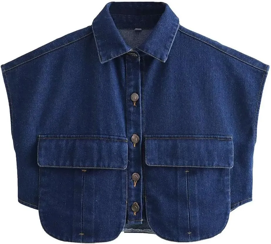 Perbai Womens Cropped Button Down Shirt Summer Collared Sleeveless Loose Denim Top with Pockets