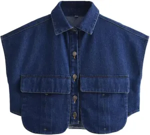 Perbai Womens Cropped Button Down Shirt Summer Collared Sleeveless Loose Denim Top with Pockets