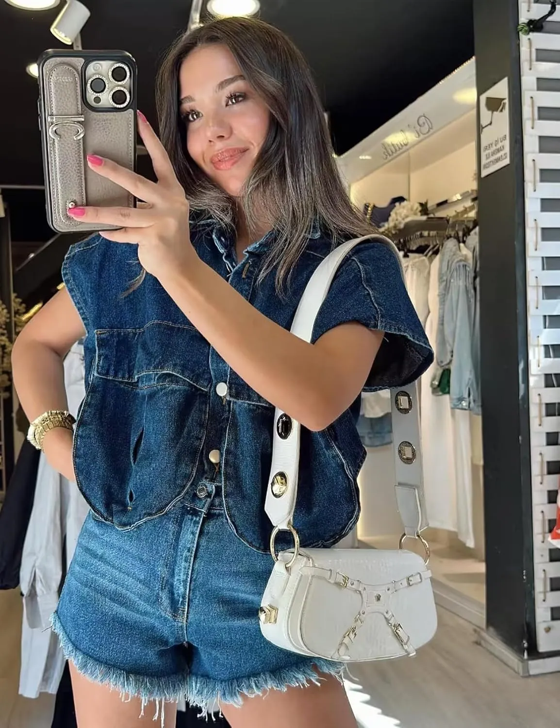 Perbai Womens Cropped Button Down Shirt Summer Collared Sleeveless Loose Denim Top with Pockets