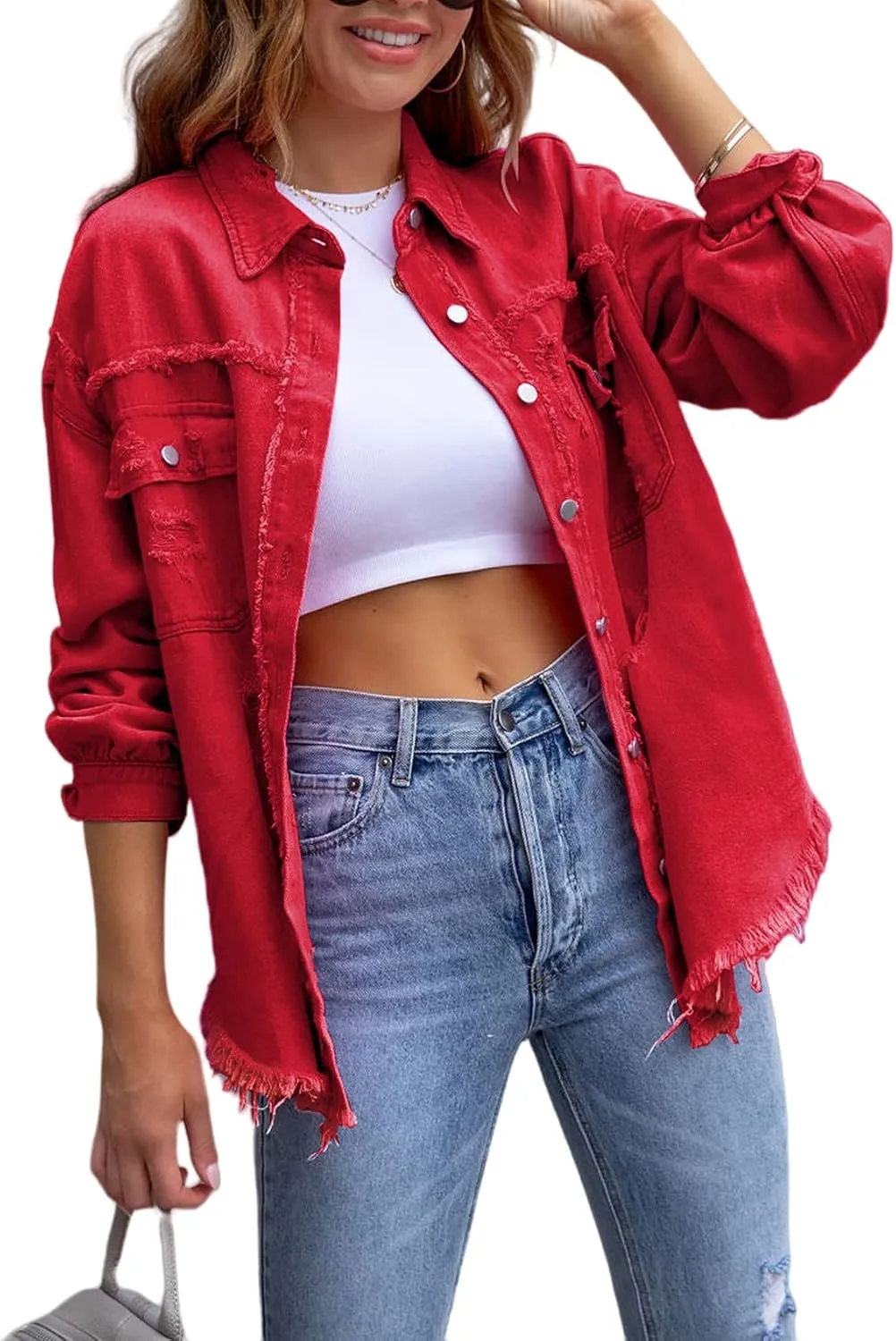 Perbai Womens Oversized Ripped Denim Jacket Frayed Hem Button Front Boyfriend Jean Coat Western Shacket with Pockets