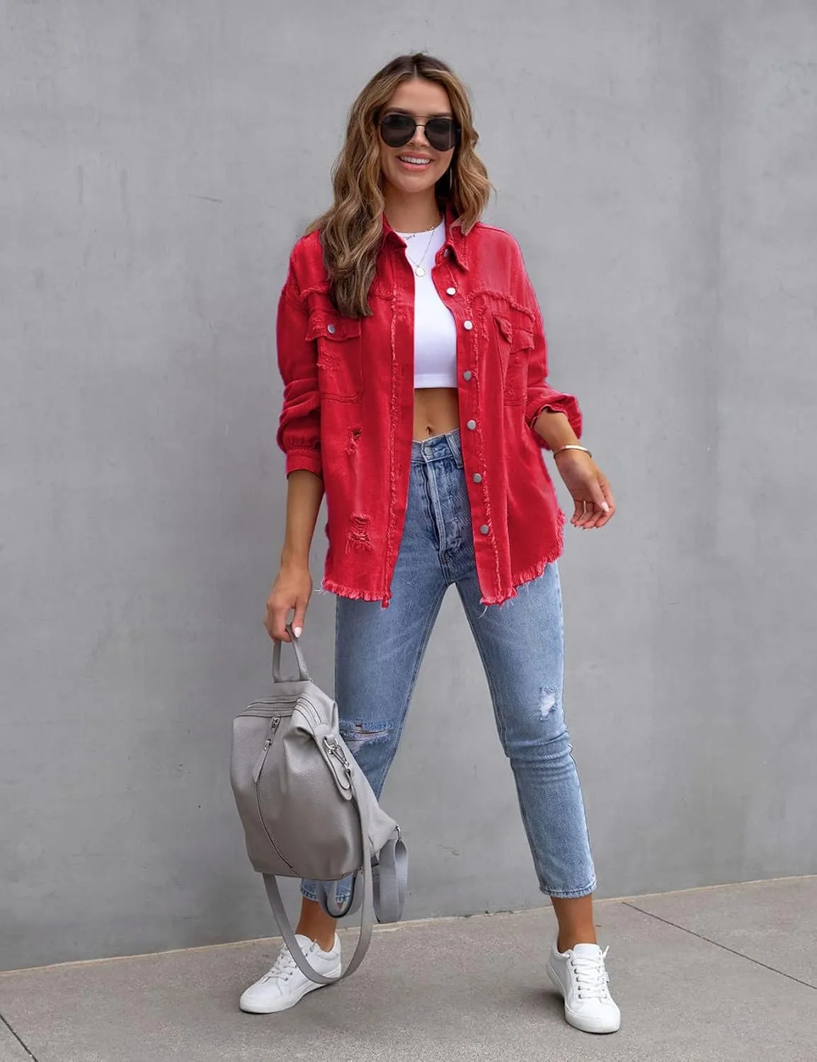 Perbai Womens Oversized Ripped Denim Jacket Frayed Hem Button Front Boyfriend Jean Coat Western Shacket with Pockets