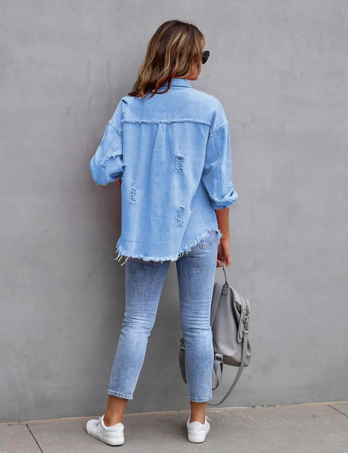 Perbai Womens Oversized Ripped Denim Jacket Frayed Hem Button Front Boyfriend Jean Coat Western Shacket with Pockets