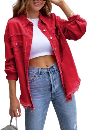 Perbai Womens Oversized Ripped Denim Jacket Frayed Hem Button Front Boyfriend Jean Coat Western Shacket with Pockets