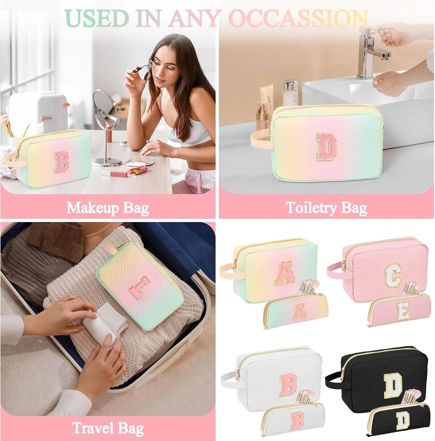 Personalized Initial Makeup Bag Colorful Cosmetic Bag Travel Toiletry Bag, Trendy Stuff Leather Waterproof Makeup Organizer Case Mother's Day/Birthday/Graduation Gifts for Women Girls Mom Girlfriend