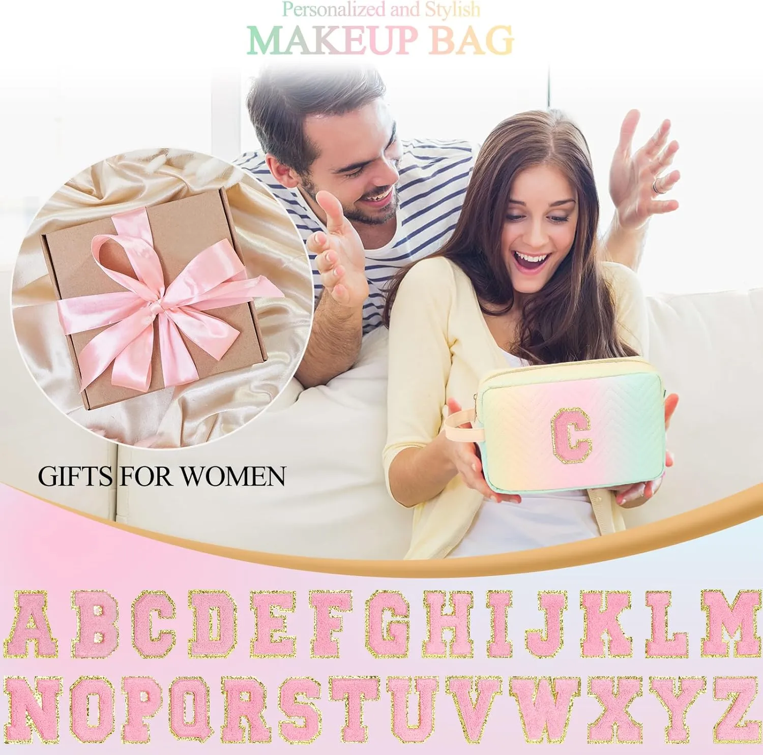 Personalized Initial Makeup Bag Colorful Cosmetic Bag Travel Toiletry Bag, Trendy Stuff Leather Waterproof Makeup Organizer Case Mother's Day/Birthday/Graduation Gifts for Women Girls Mom Girlfriend