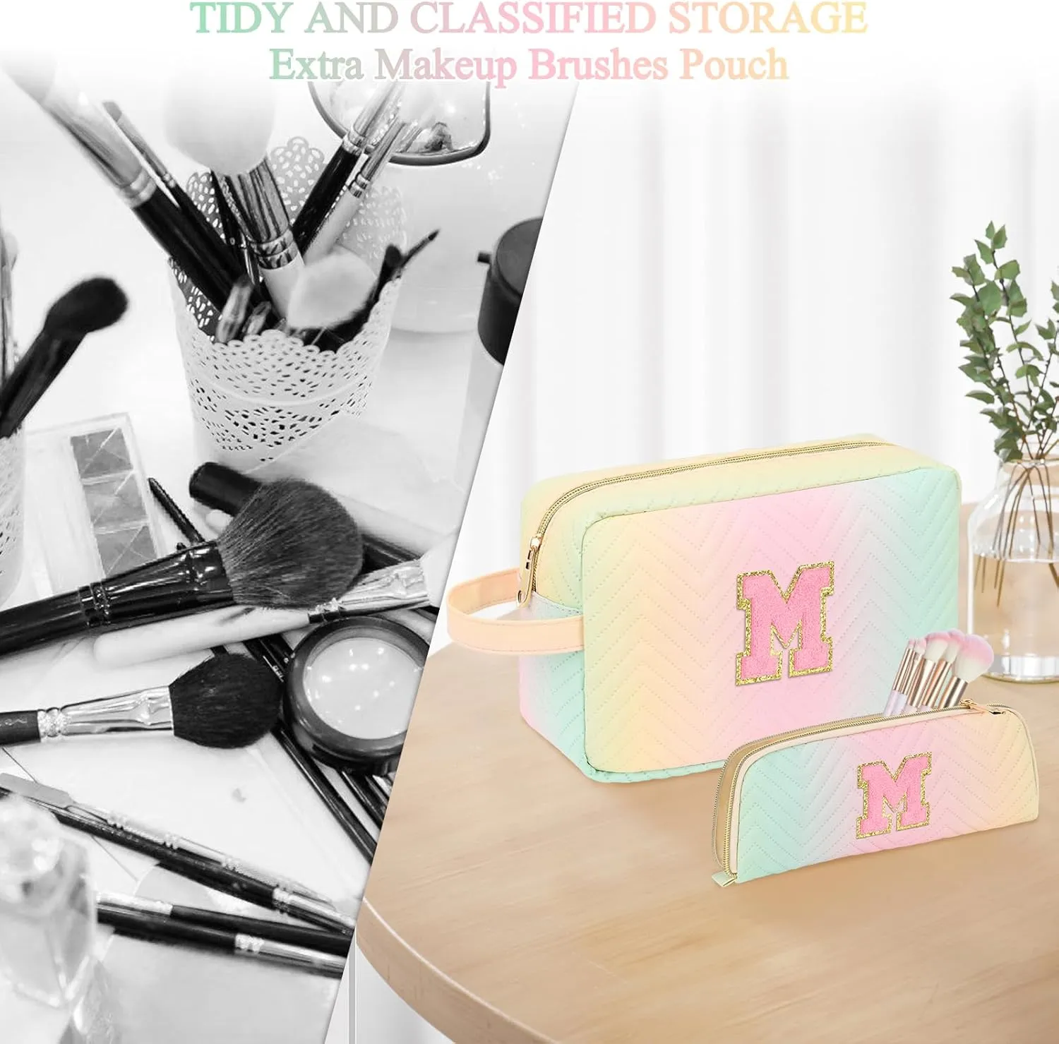 Personalized Initial Makeup Bag Colorful Cosmetic Bag Travel Toiletry Bag, Trendy Stuff Leather Waterproof Makeup Organizer Case Mother's Day/Birthday/Graduation Gifts for Women Girls Mom Girlfriend