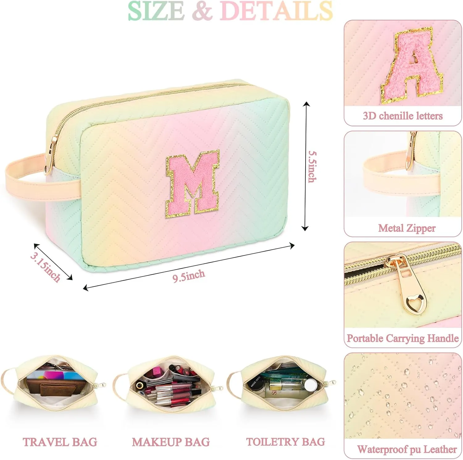 Personalized Initial Makeup Bag Colorful Cosmetic Bag Travel Toiletry Bag, Trendy Stuff Leather Waterproof Makeup Organizer Case Mother's Day/Birthday/Graduation Gifts for Women Girls Mom Girlfriend