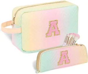 Personalized Initial Makeup Bag Colorful Cosmetic Bag Travel Toiletry Bag, Trendy Stuff Leather Waterproof Makeup Organizer Case Mother's Day/Birthday/Graduation Gifts for Women Girls Mom Girlfriend