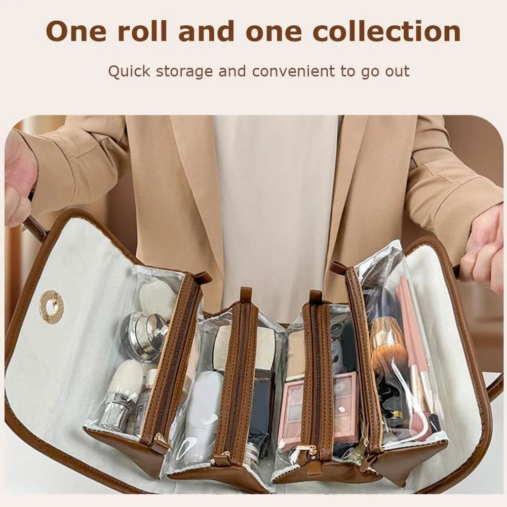 Portable 4-in-1 Foldable Cosmetic Bag,Large Capacity Roll Up Cosmetic Bag,Travel Makeup Organizer with Detachable Design,Foldable Travel Make up Toiletry Bag for Women (1pcs)