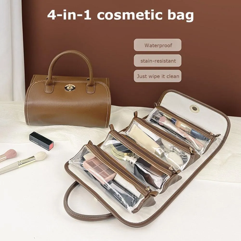 Portable 4-in-1 Foldable Cosmetic Bag,Large Capacity Roll Up Cosmetic Bag,Travel Makeup Organizer with Detachable Design,Foldable Travel Make up Toiletry Bag for Women (1pcs)