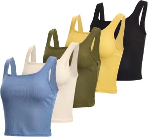 Real Essentials 5 Pack: Women's Soft Knit Ribbed Square Neck Cropped Tank Top - Sleeveless Crop Tops
