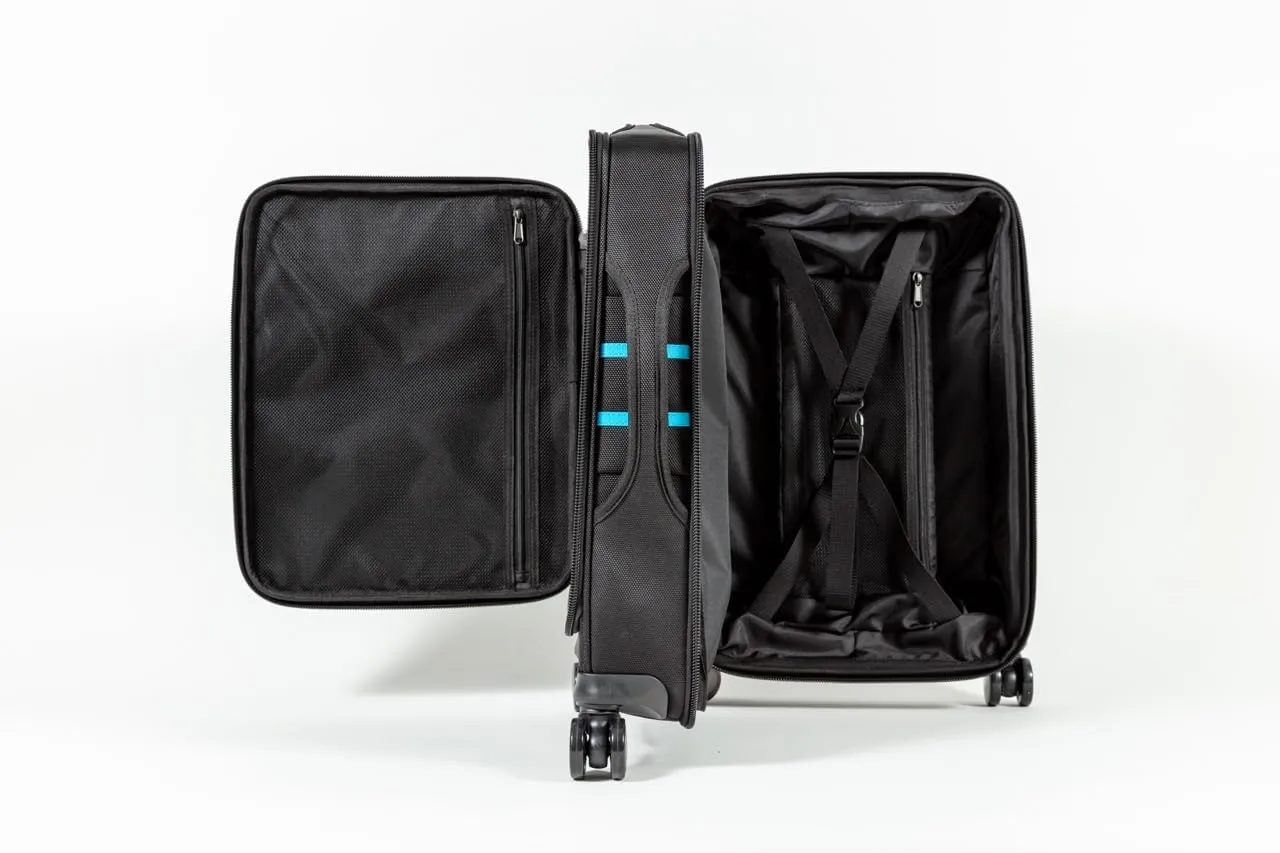 Revolutionary Carry-On Suitcase with Movable Partition  Keep Clean & Dirty Clothes Separate (Blue Stripes, 22"x14"x9")