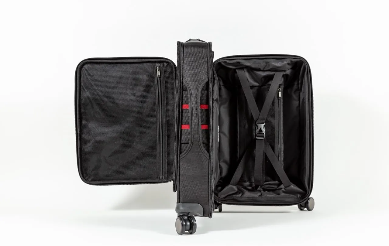 Revolutionary Carry-On Suitcase with Movable Partition  Keep Clean & Dirty Clothes Separate (Red Stripes, 22"x14"x9")