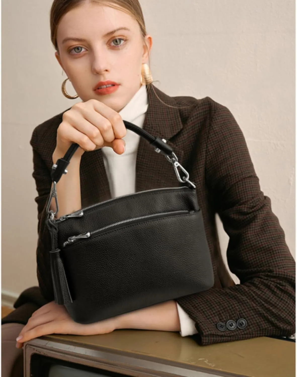 S-ZONE Small Genuine Leather Top Handle Handbags for Women Shoulder Bag Crossbody Purse