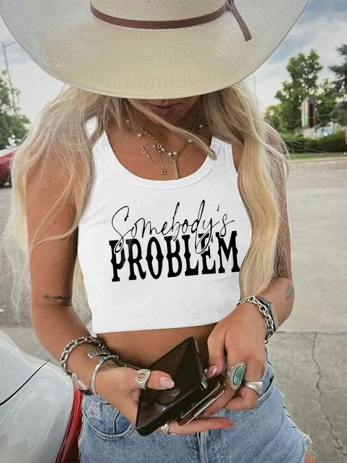 SALULAYER Somebody's Problem Crop Tank Top Women Country Concert Sleeveless Cropped Tops Summer Casual Western Cowgirl Tanks