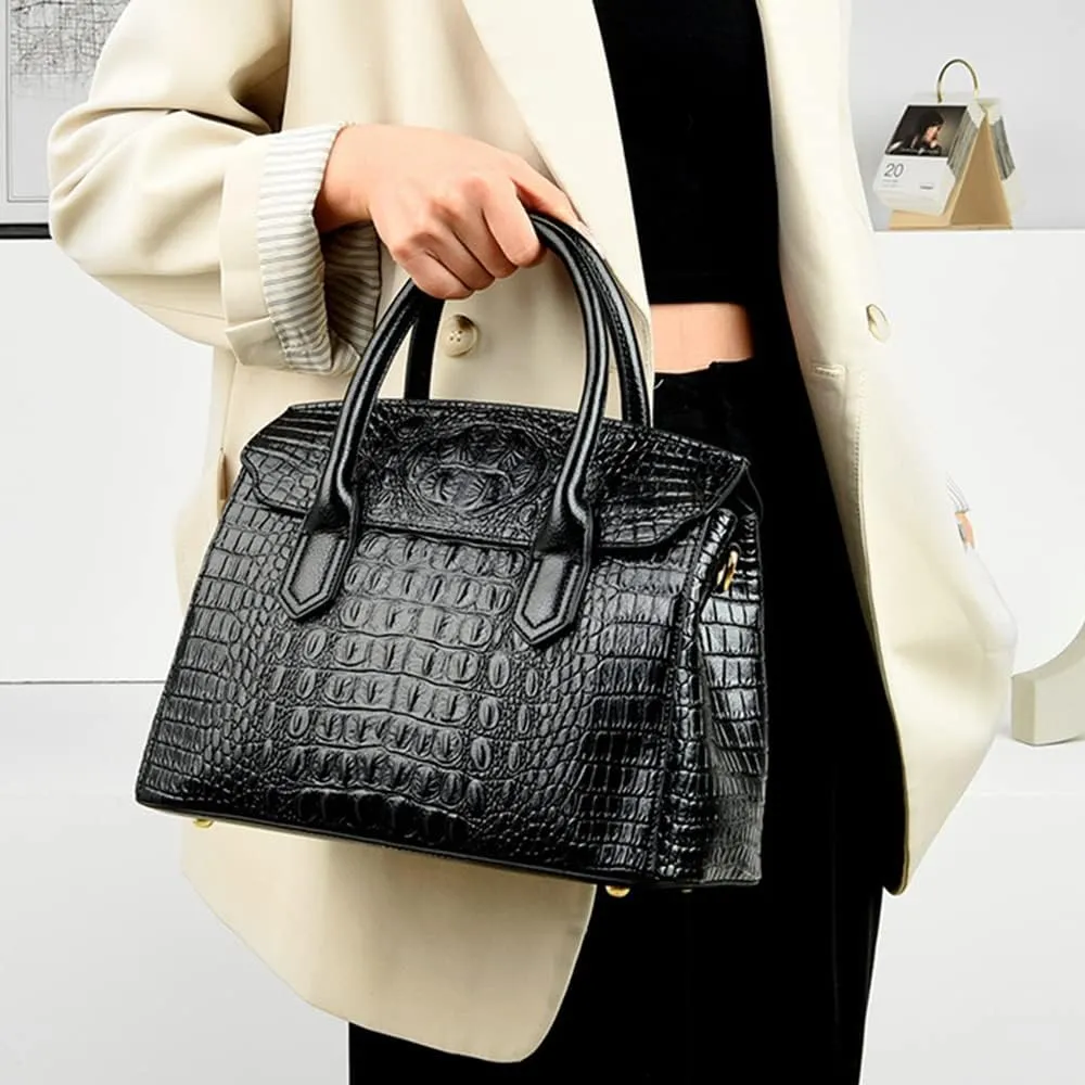 Satchel Tote Purse for Women Crocodile Pattern Embossed Top-handle Handbags Fuax Leather Shoulder Bag
