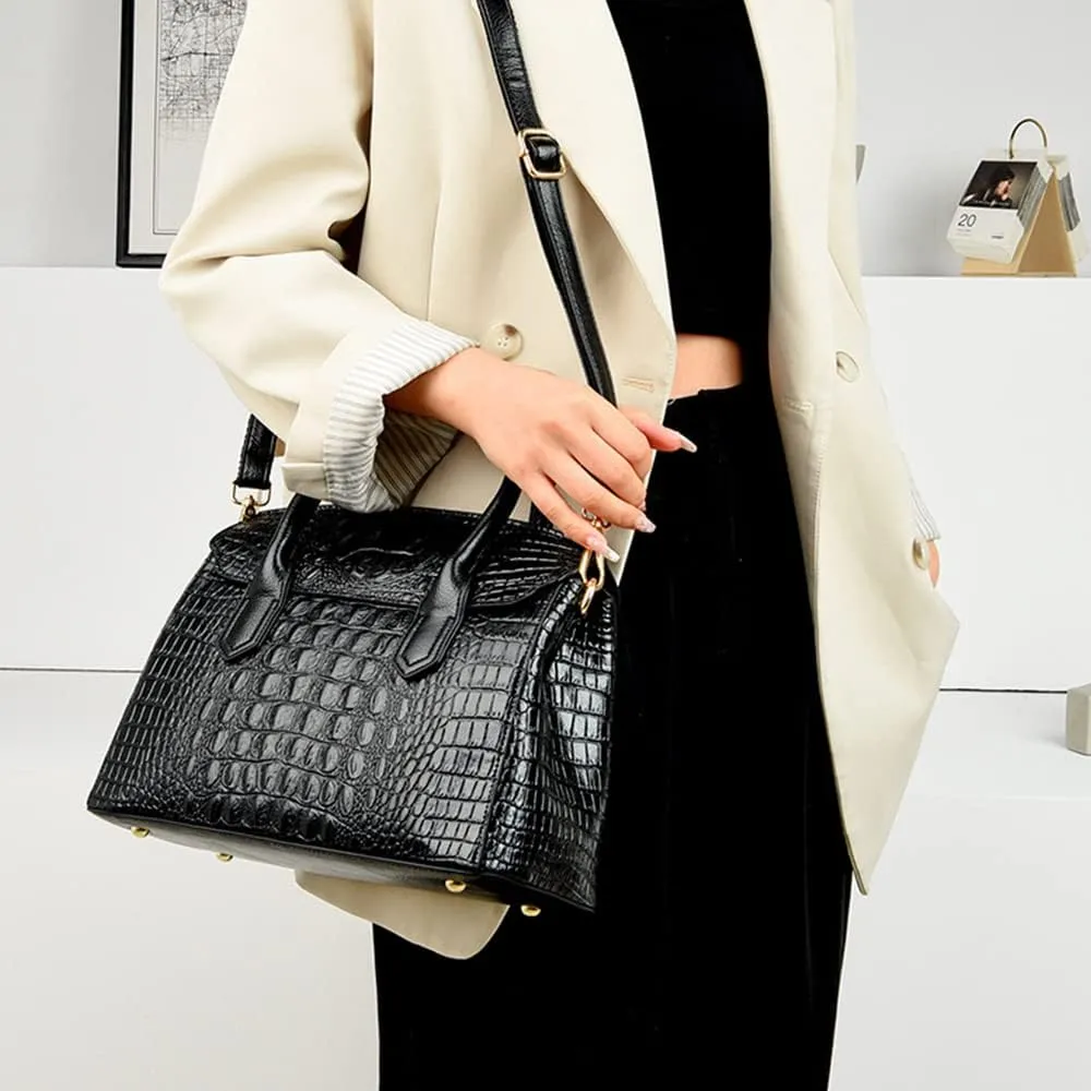 Satchel Tote Purse for Women Crocodile Pattern Embossed Top-handle Handbags Fuax Leather Shoulder Bag
