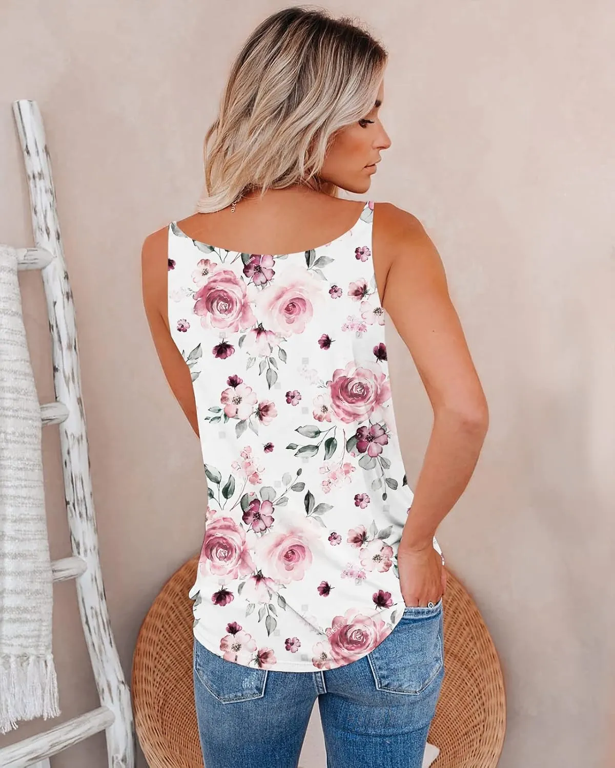 SAUKOLE Summer Tank Tops for Women V Neck Womens Fashion Sleeveless Top Loose Fit Casual Stripe Shirts Blouse