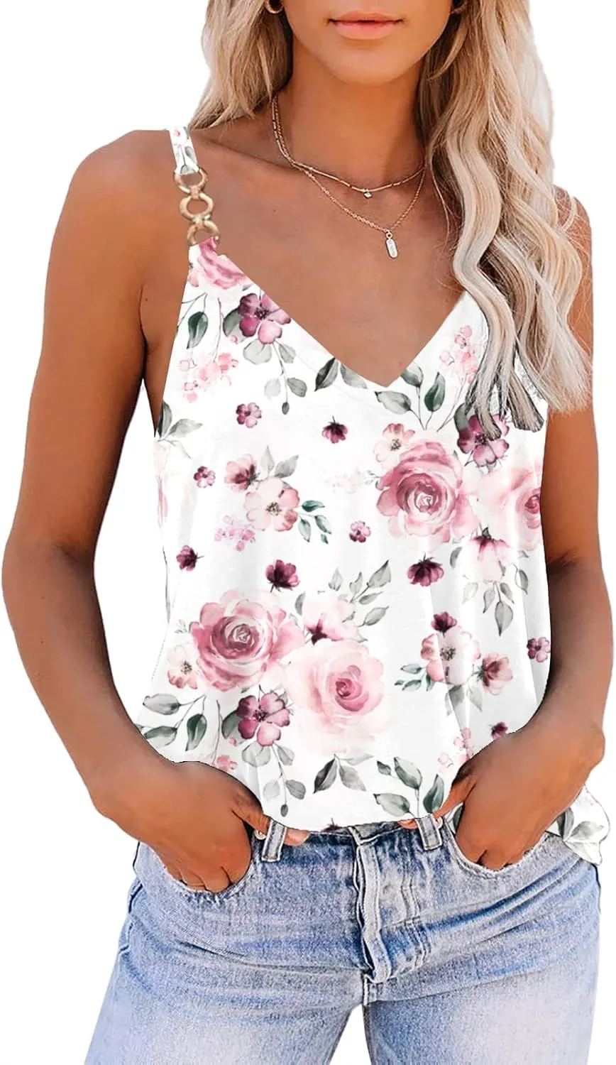 SAUKOLE Summer Tank Tops for Women V Neck Womens Fashion Sleeveless Top Loose Fit Casual Stripe Shirts Blouse