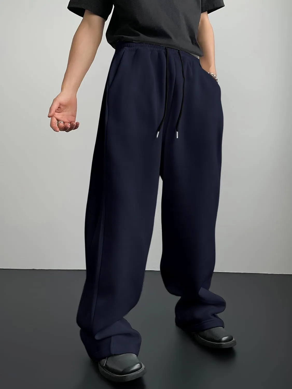 SHENHE Men's Baggy Pants Wide Leg Drawstring Waist Loose Sweatpants with Pockets