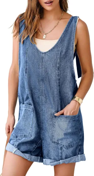 Simplee Womens Denim Romper 2025 Sleeveless Casual Jean Outfits V Neck High Roller Overall Shorts Jumpsuits Trendy