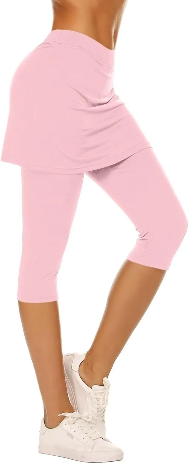 Skirted Leggings for Women 2025 Summer Tennis Golf Skorts Capris Gym Yoga Legging with Skirts