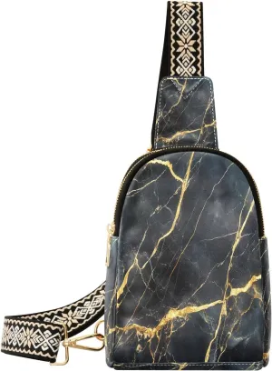 Small Sling Bag for Women, Gold Marble Texture Leather Fanny Packs Crossbody Bags fashion Chest Bag for Travel