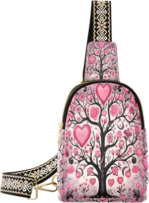 Small Sling Bag for Women, Hearts Tree Leather Fanny Packs Crossbody Bags fashion Chest Bag for Travel