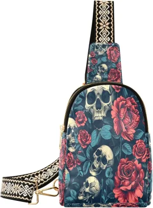 Small Sling Bag for Women, Skulls and Roses Leather Fanny Packs Crossbody Bags fashion Chest Bag for Travel