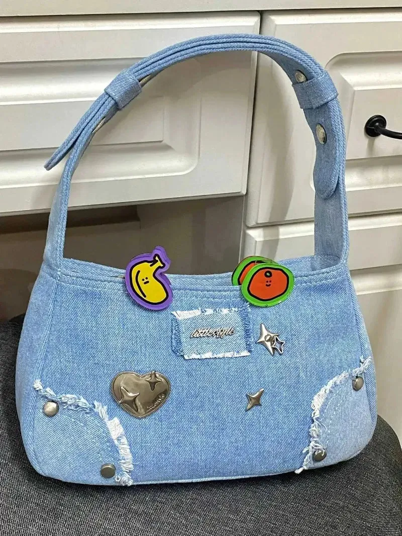 Sohiwoo Fashion Y2K Bags 2024 New Chic Design Denim Blue Shoulder Bags for Women Harajuku Trendy Rivet Underarm Bag Bolso сумка
